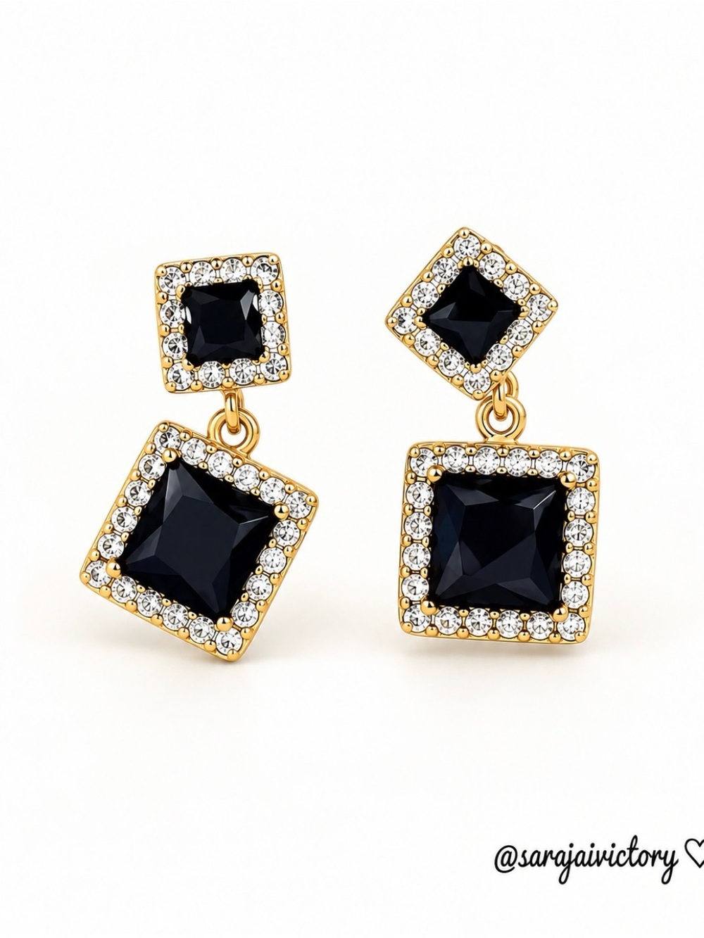 Gold-Plated Black Crystal Drop Stud Earrings